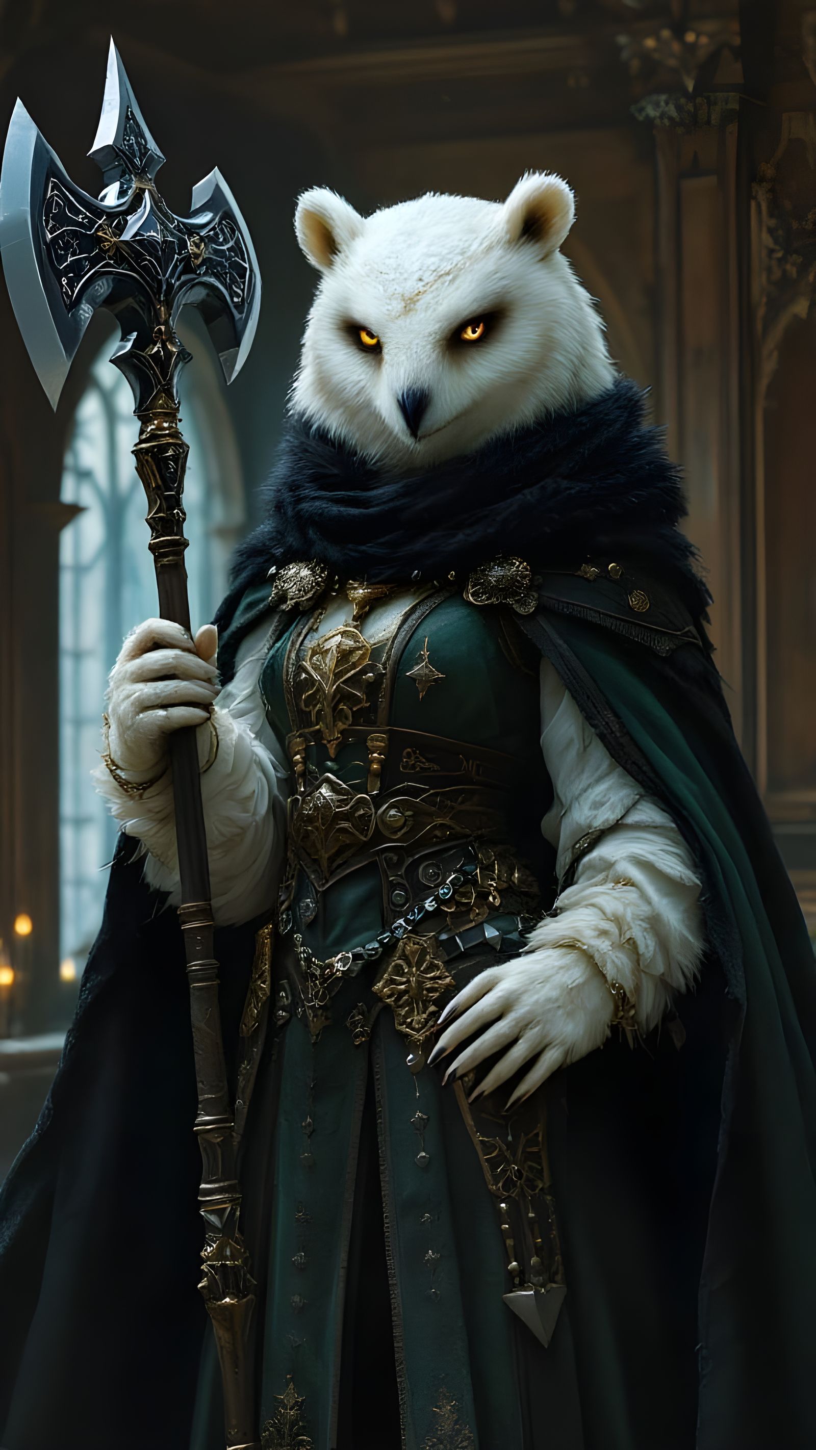 Medieval Owlbear Noblewoman Wields Obsidian Warhammer