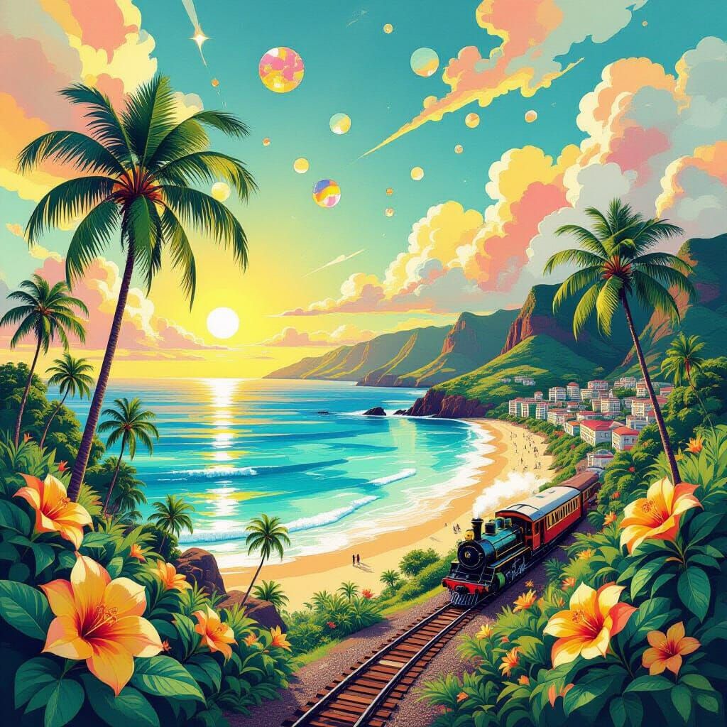 Psychedelic Hawaiian Coastline in Watercolor