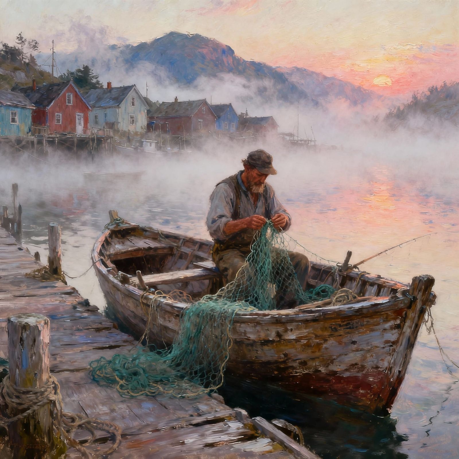 Fisherman Mending Nets at Dawn in Foggy Village