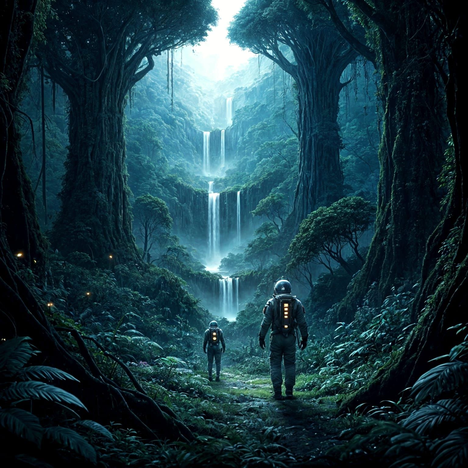 Astronauts exploring a vibrant alien jungle at twilight