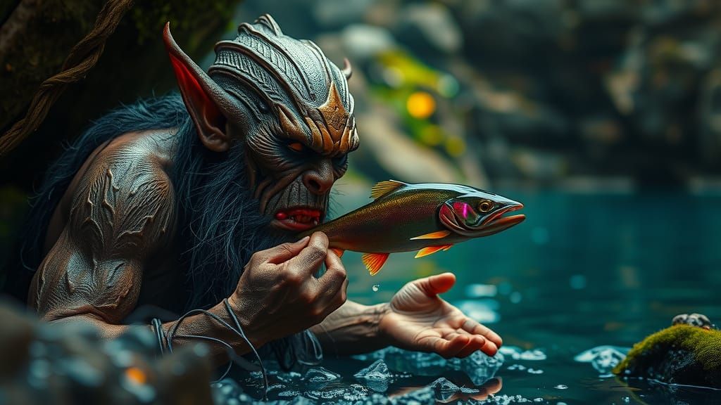Gollum Eating Fish in Cave: Hyperrealistic Concept Art