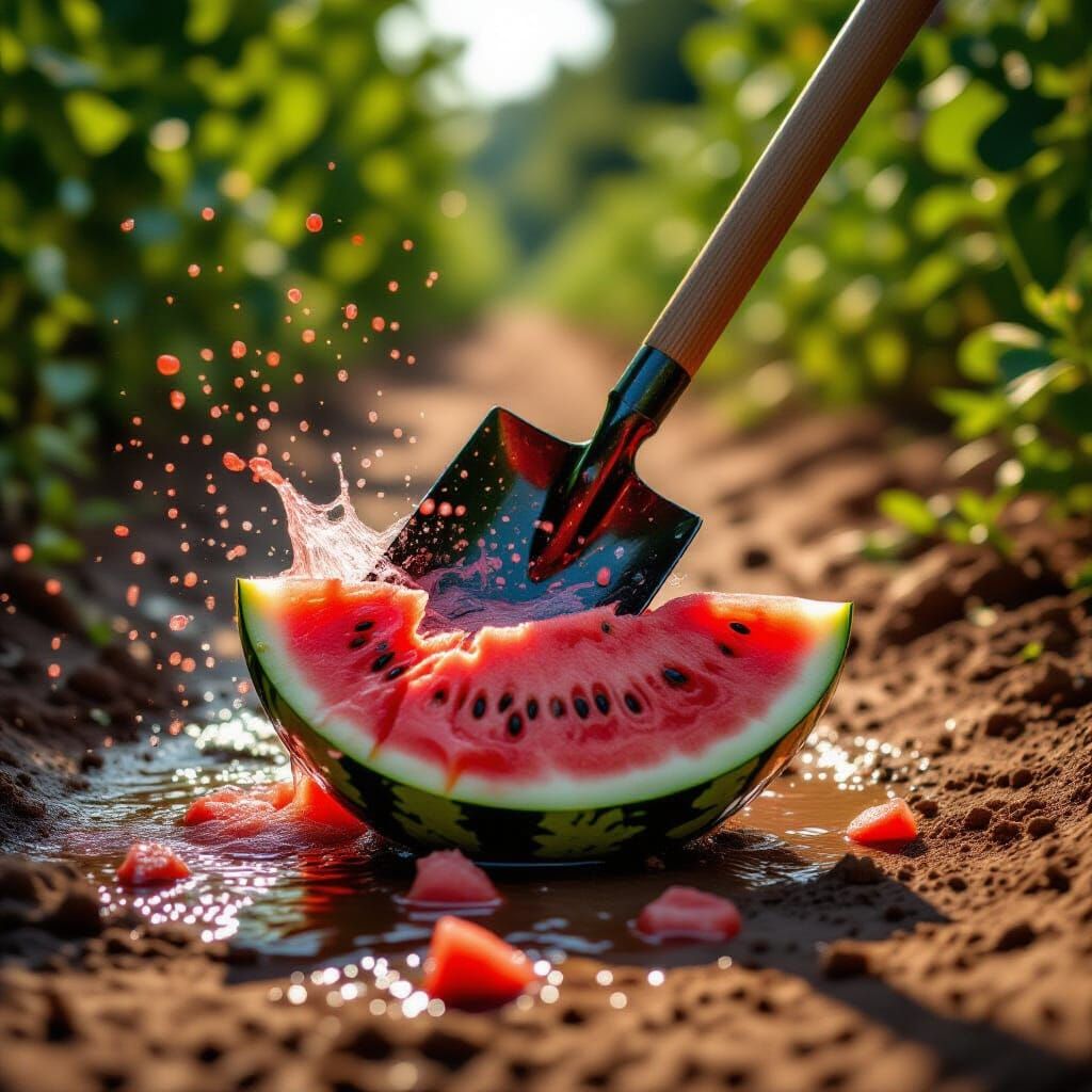 Dirty Shovel Smashes Ripe Watermelon on Dirt Path
