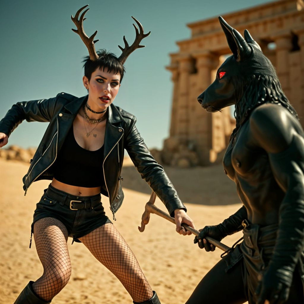 Woman Battles Anubis in Cinematic Style