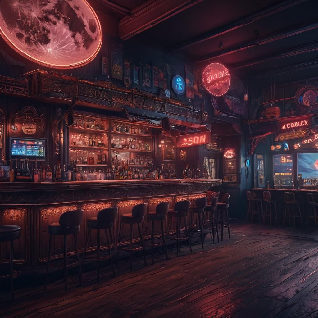 Modern Western Bar with Neon Moon Sign