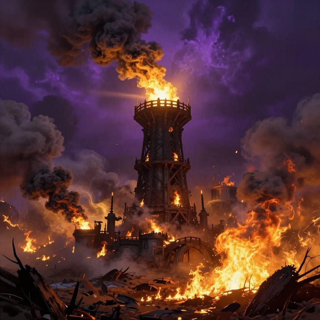Dark Fantasy Tower Amidst Smog Fields