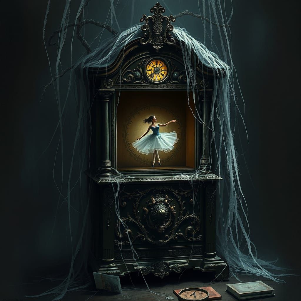 an old dusty music box that plays by itself surrounded by cobwebs and dim light