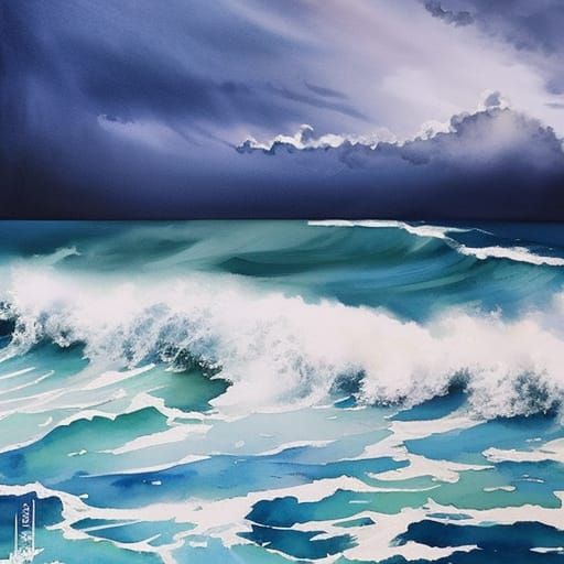 Violent Ocean Storm with Lightning in Watercolor Style