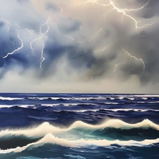 Violent Ocean Storm with Tugboat, Watercolor Painting