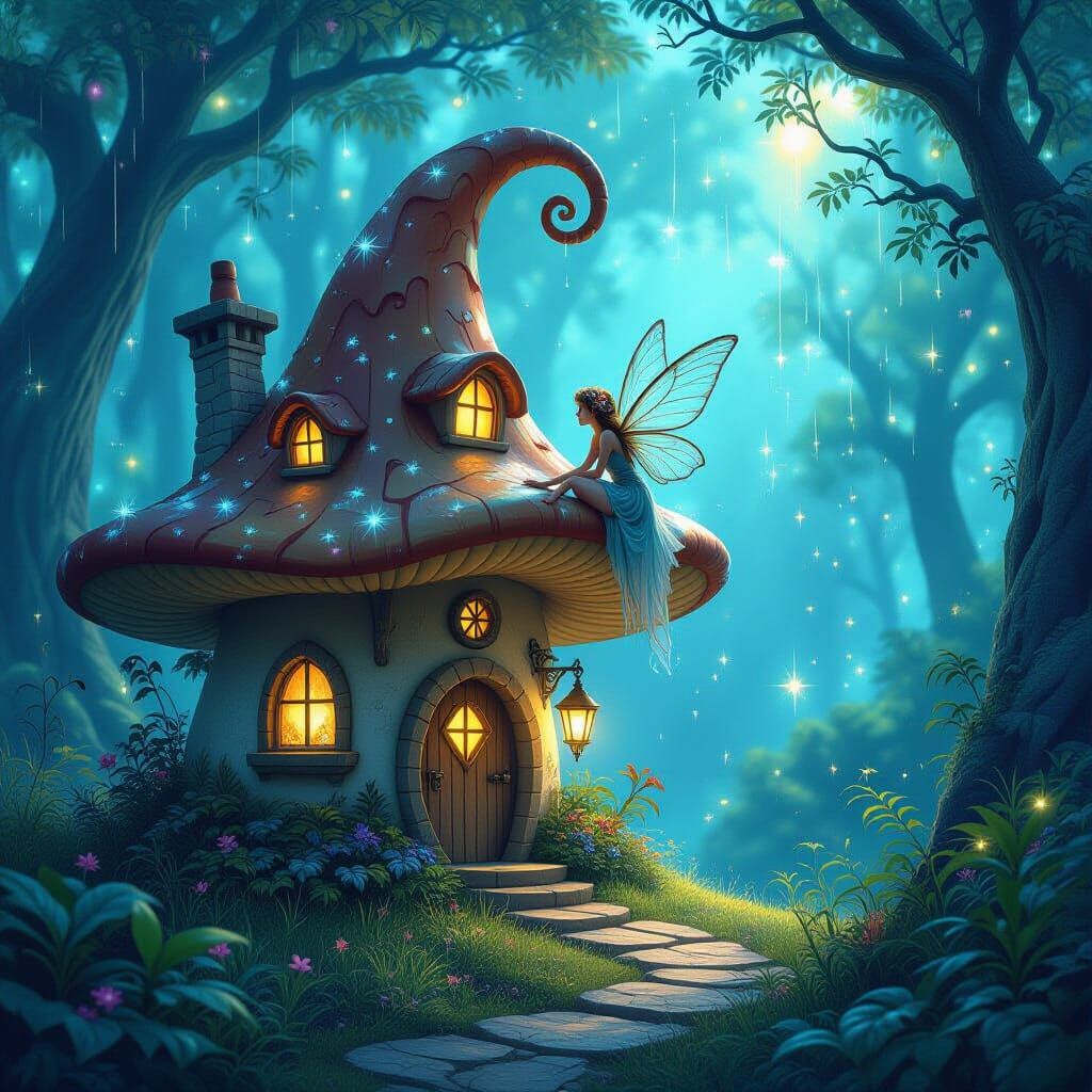 Enchanted Fairy House in Bioluminescent Forest