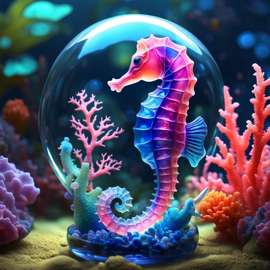 Sapphire Seahorse in Coral Forest: Digital Art