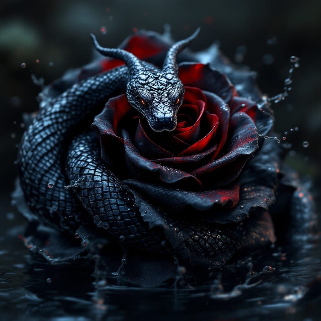 Ethereal Black Snake Envelops Mystical Black Rose in Rich, D...