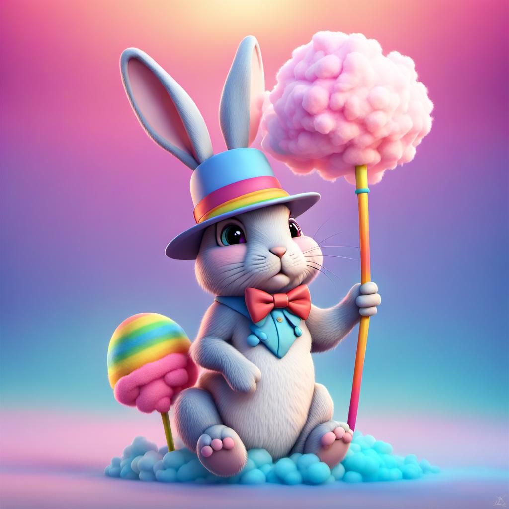 Rainbow Bunny on Cotton Candy Cloud in 3D