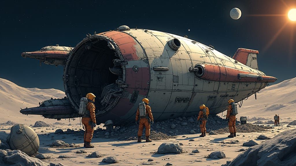 Anime Astronauts Repair Star Cruiser on Desolate Dark Moon