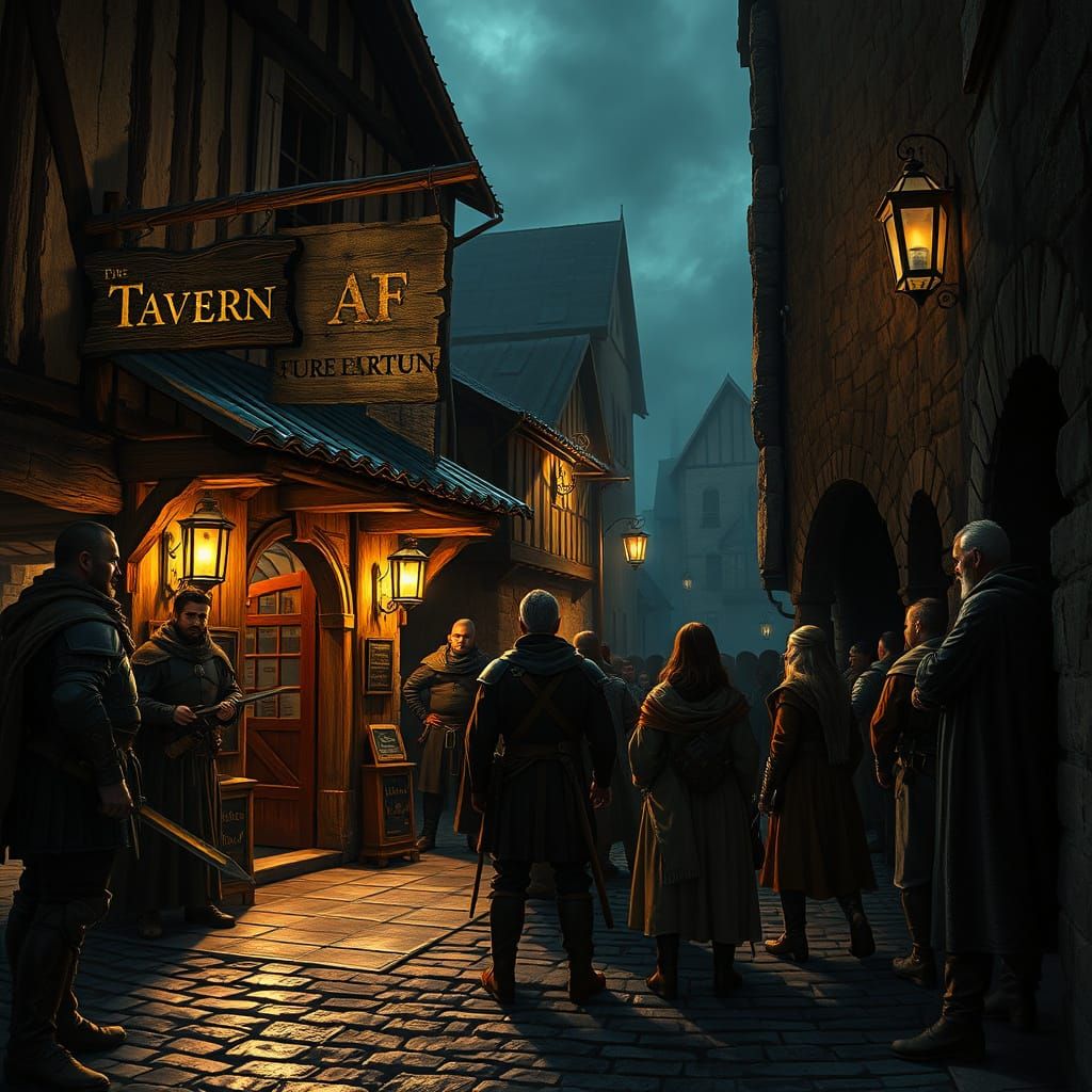 Medieval Tavern Scene with Adventurers in Noir Style