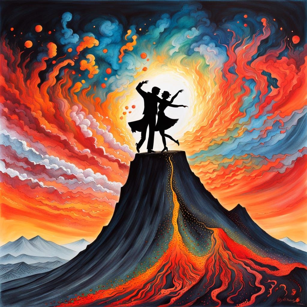 Couple Dancing on a Volcano in Vibrant Ink Painting
