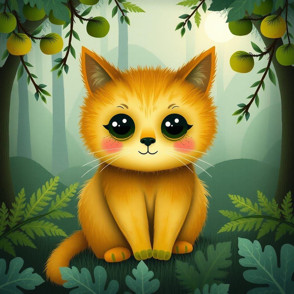 Whimsical Kiwi-Cat in Folk-Art Style