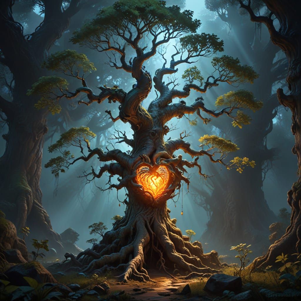 Whimsical Baroque Digital Painting of Bodhi Tree with Glowin...