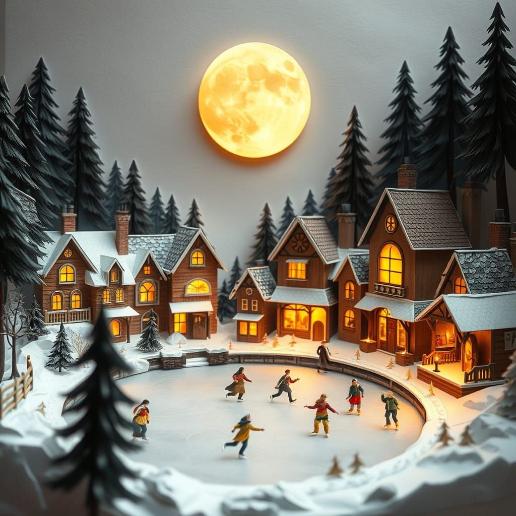 Winter Wonderland Village, Lit by Gas Lamps, in Papercraft S...