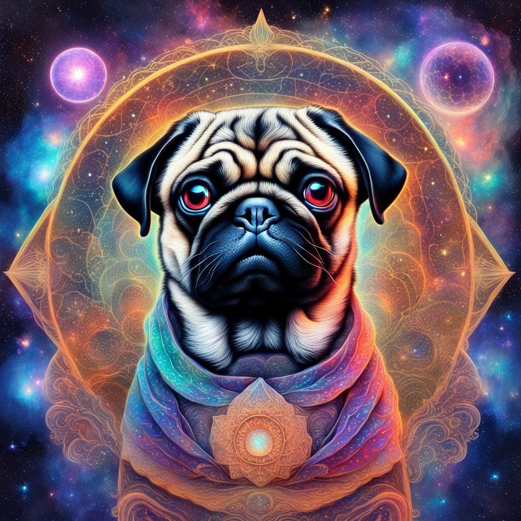 Holographic Cosmic Pug Illustration in Mixed Media