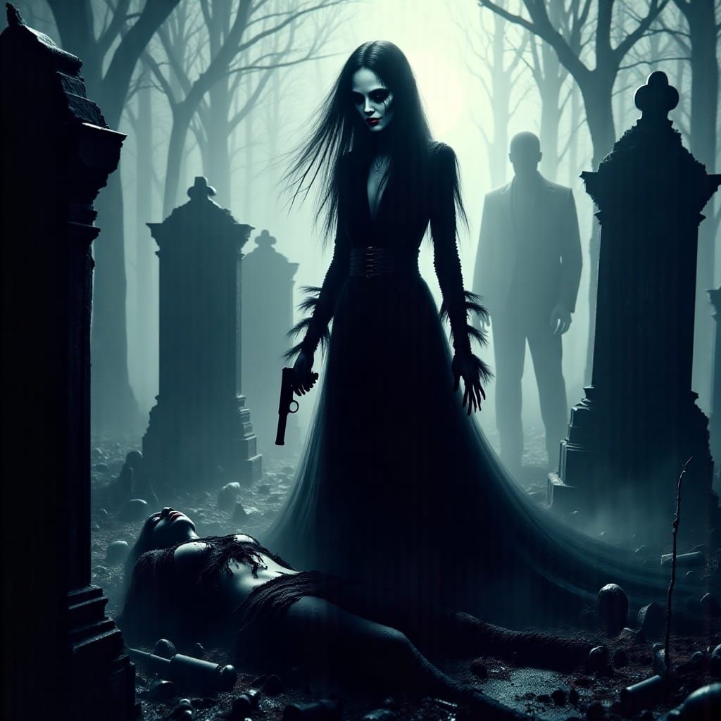 Gothic Cemetery Scene with Girl in Black
