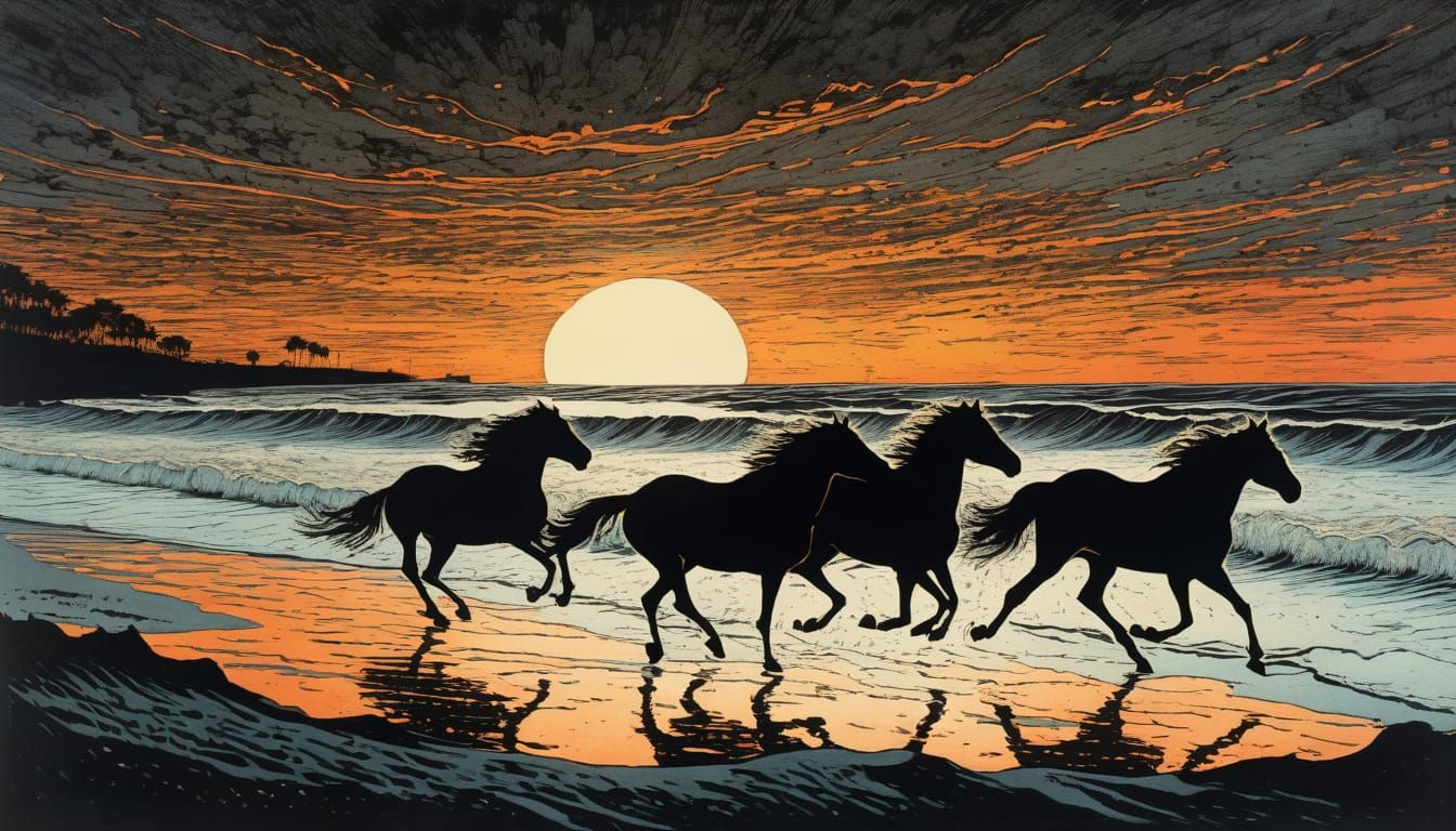 Horses Racing Across Sunset Beach