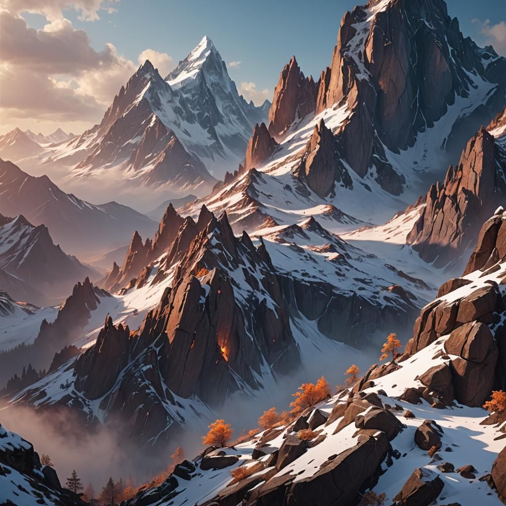Snow-Capped Peaks at Dawn: Fantasy Concept Art
