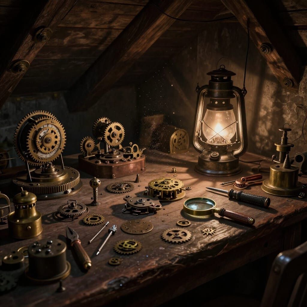 Steampunk Attic Workbench with Clockwork Mechanisms