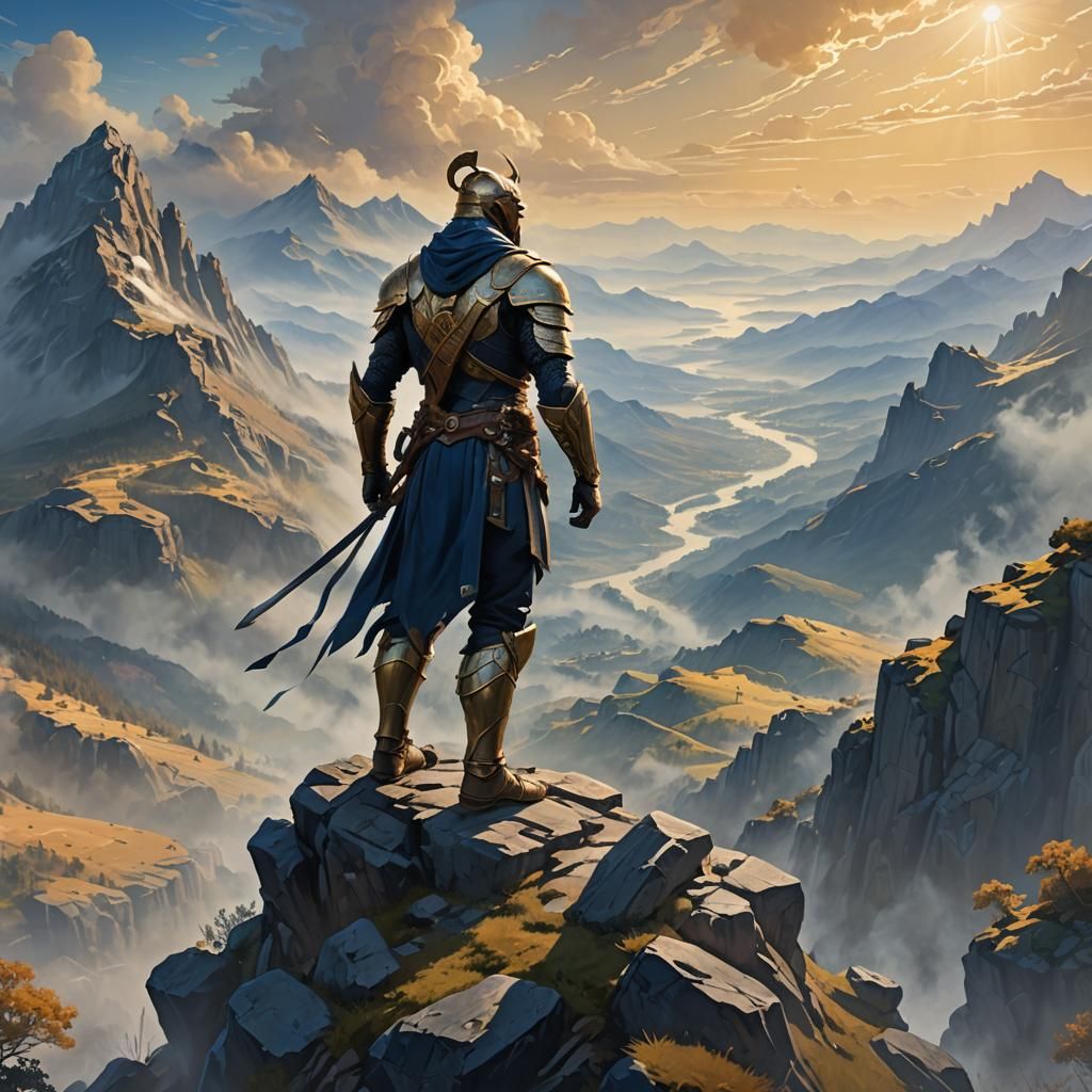 Heroic Warrior on Misty Peak in Expressionist Style