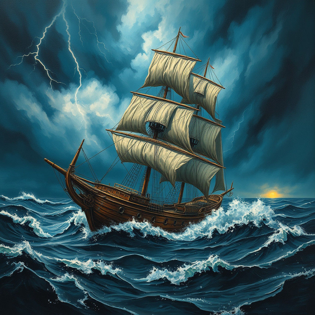 Sailing Vessel Navigates Stormy Seas as Oil Painting