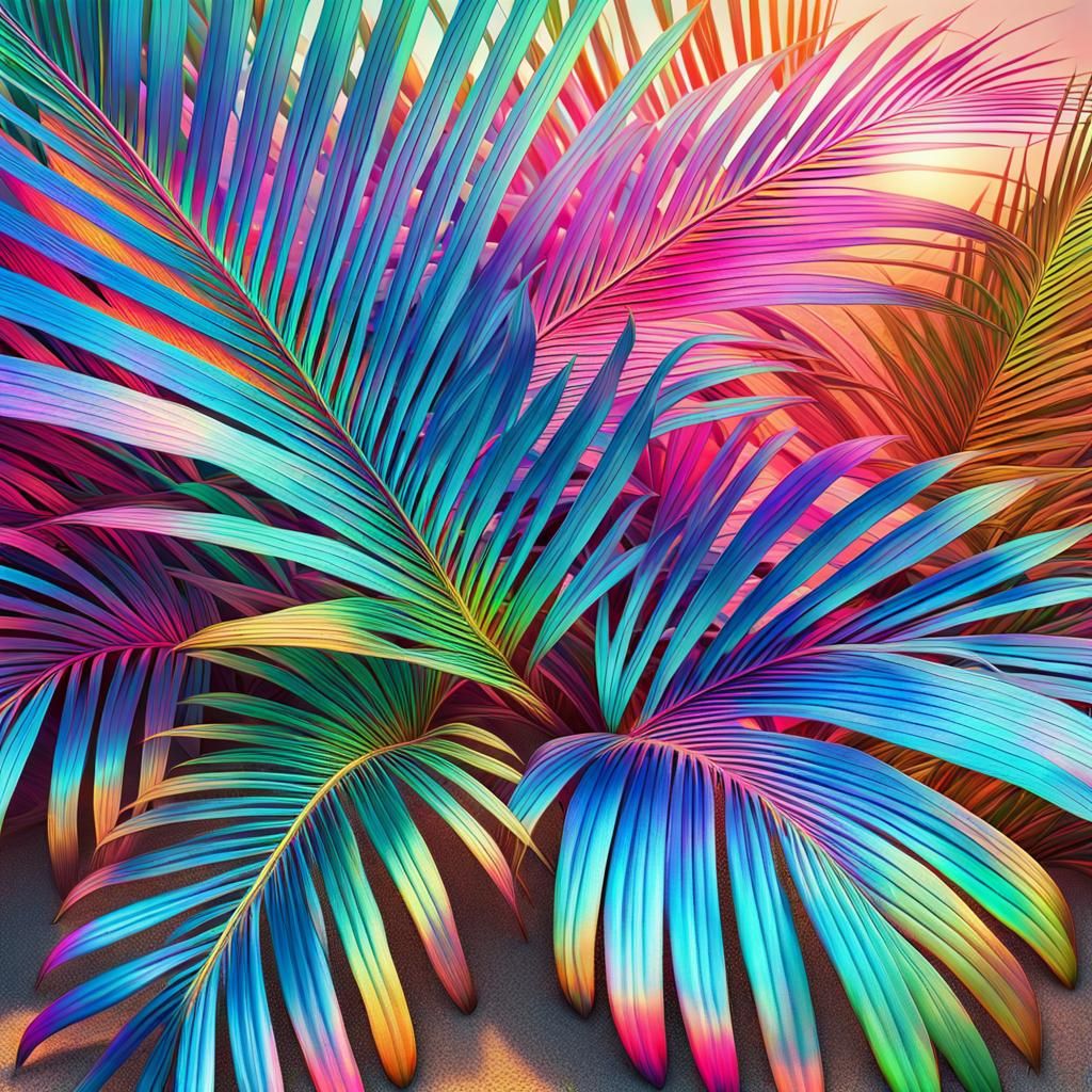 Neon Palm Leaves in Hyperrealistic Digital Art