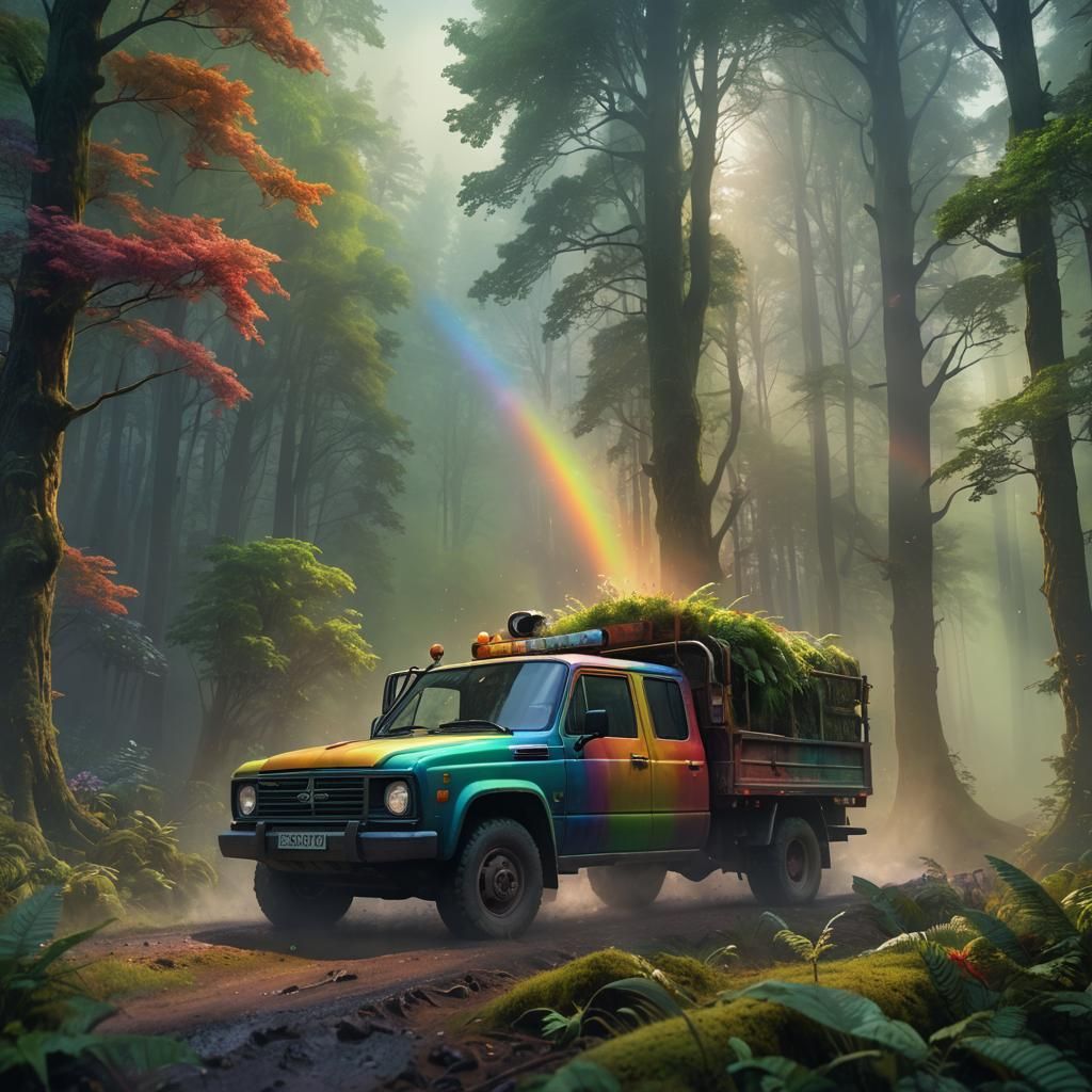 Rainbow Truck Drives Through Misty Forest