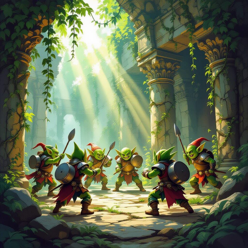 Goblins in Pot Armor Play Capture the Flag in Ruined Temple
