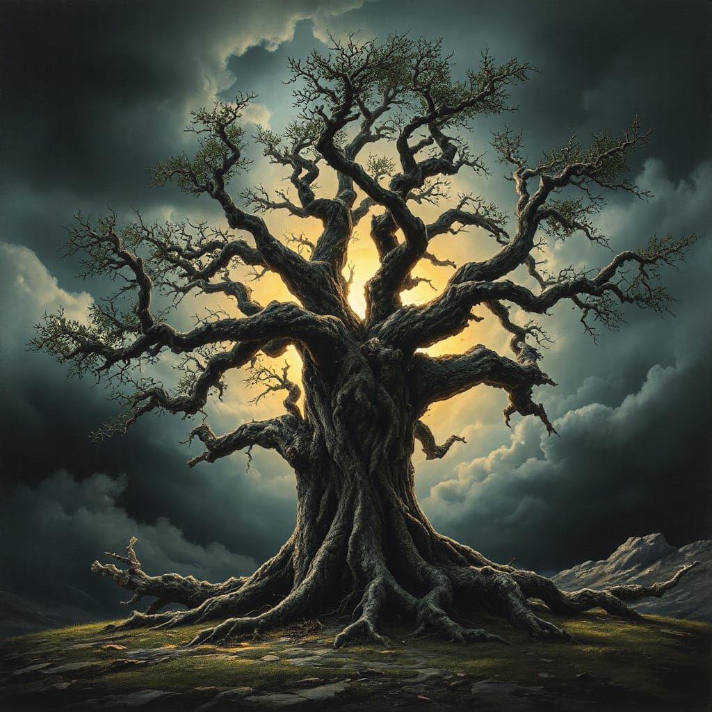 Ancient Oak Tree Defies Stormy Sky in Painterly Style