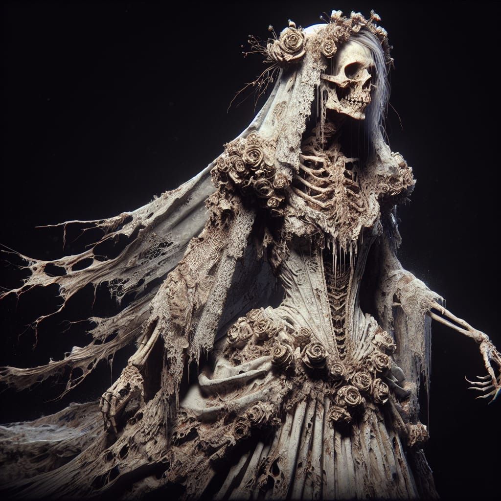 Ghoul Bride in Decayed Wedding Dress: Dark Fantasy Art