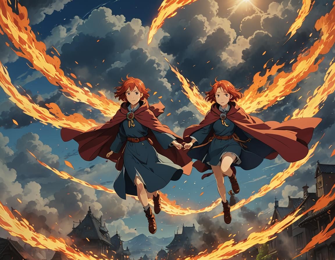 Redhead in Cloak of Fire: Studio Ghibli Style