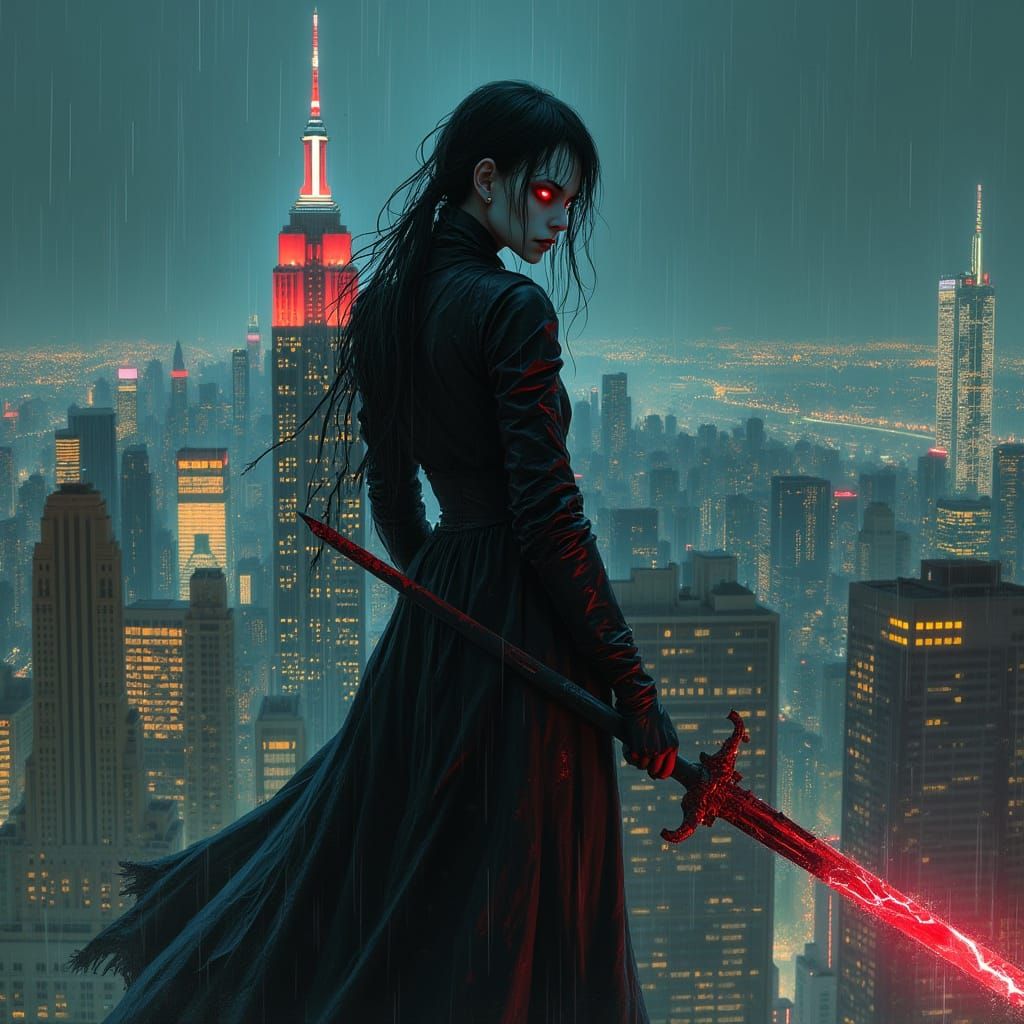 Gothic Cyberpunk Vampire Soars Above Neon City