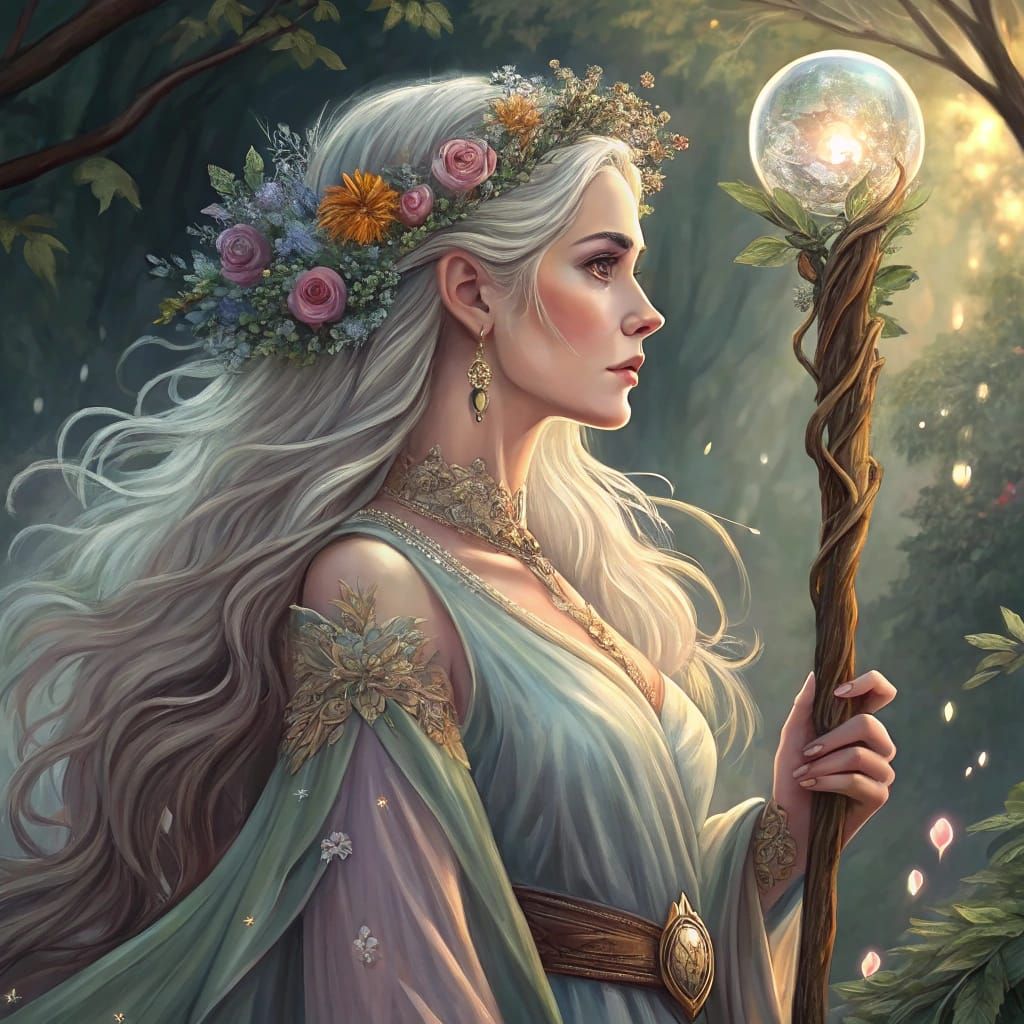 A Mystic Goddess in Elegant, Shifting Silks, Holding a Staff...