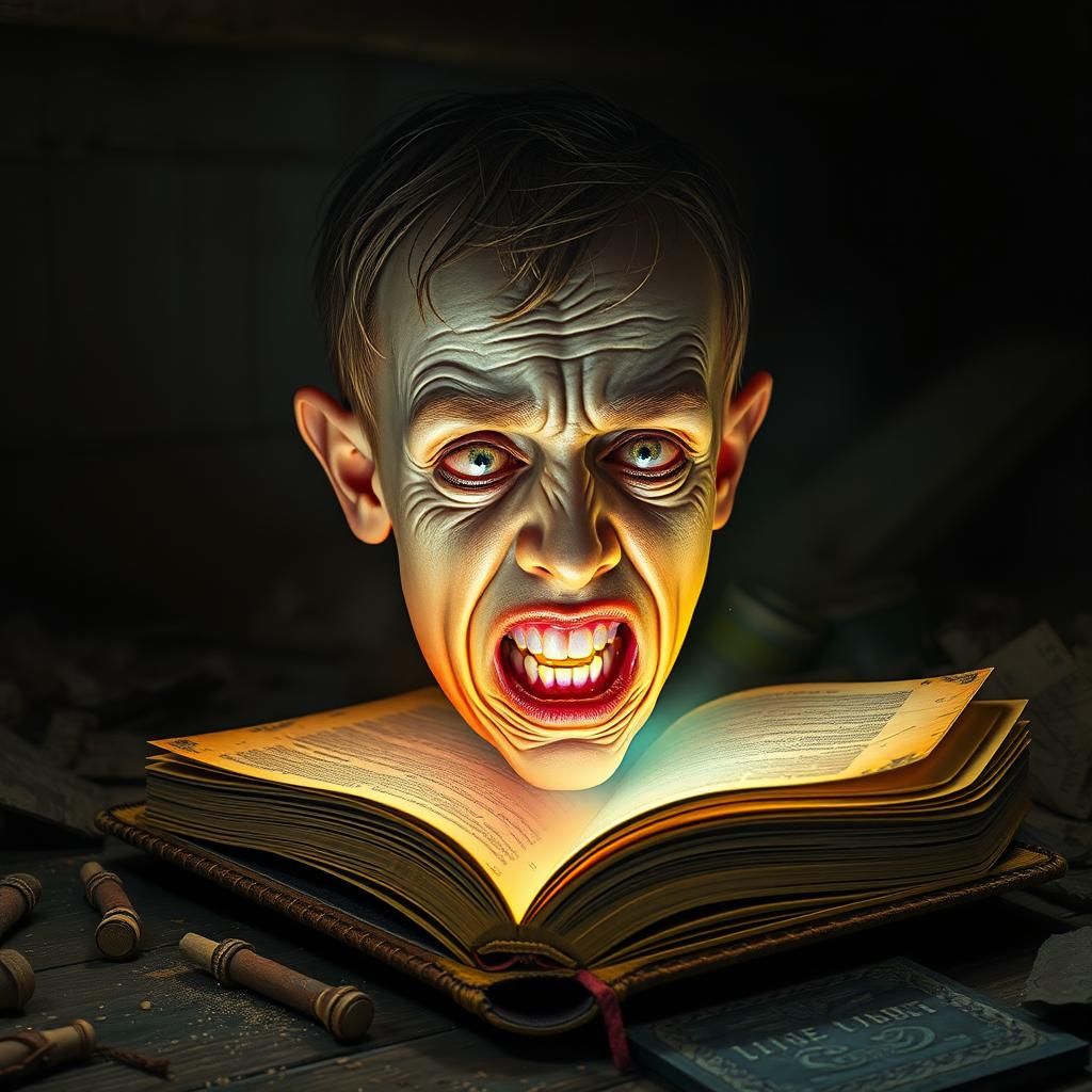 Boy's Face Consumed by Cursed Book, in Expressionist Style