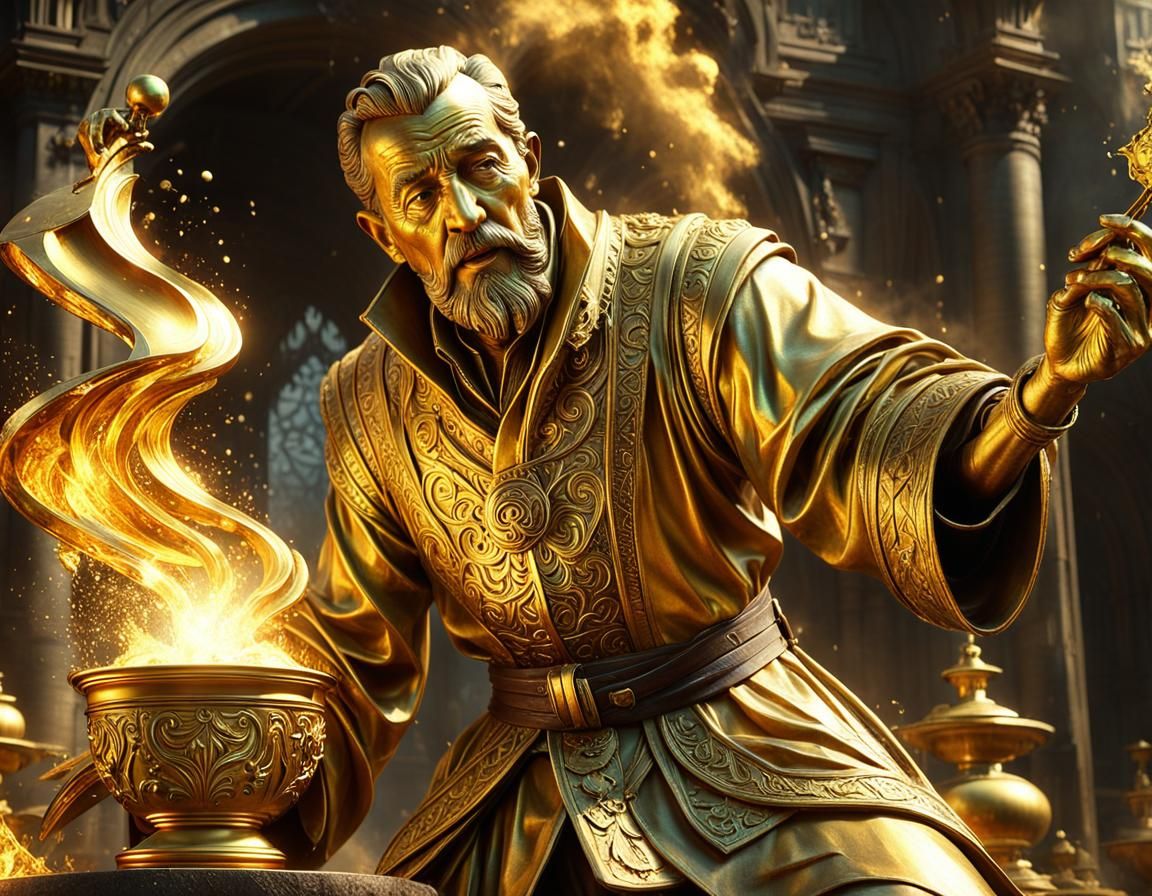 Gold Alchemist Statue Transformed: Digital Matte Painting