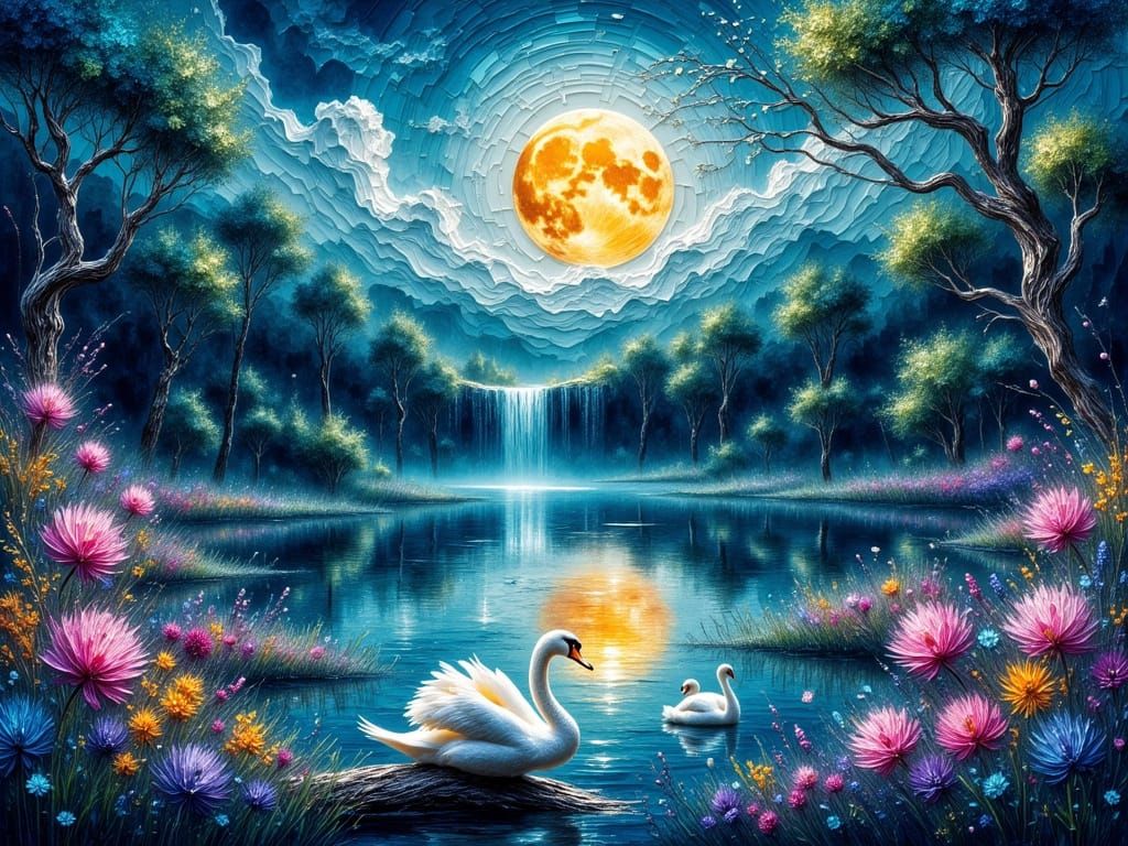 Impasto Waterfall and Mystical Swan