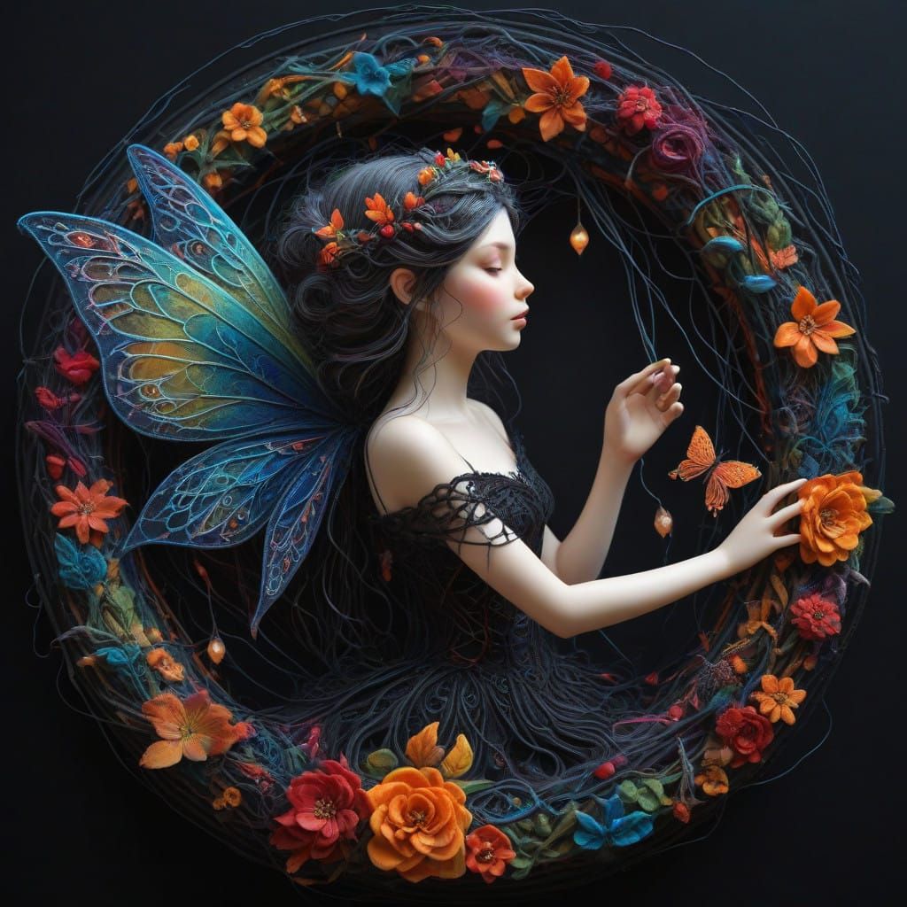 Unraveling colorful felted wool art of a colorful fairy surrounded by Eldritch filigree and entangled in delicate black ...