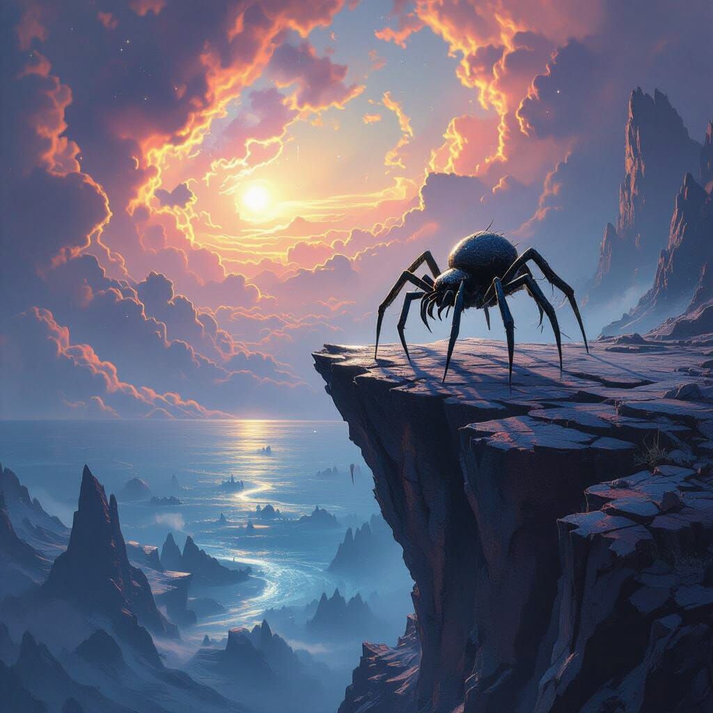 Alien Spider Creature on Crystalline Cliff Overlooking Cosmi...
