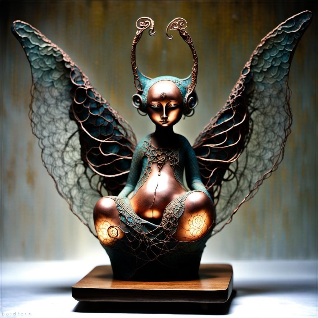 Mystical Winged Goddess Sits on a Wooden Stump