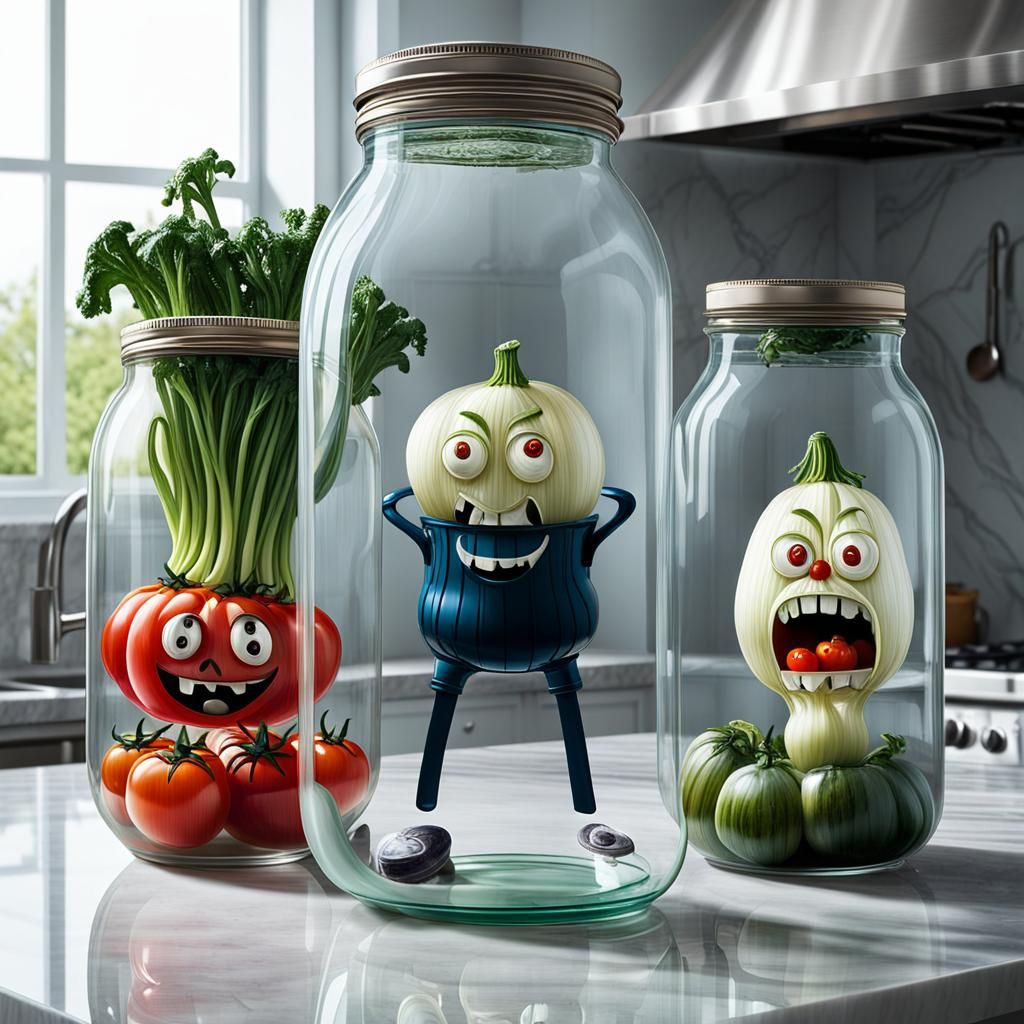 Giant Jars of Horrified Vegetables in Neo-Impressionism Styl...
