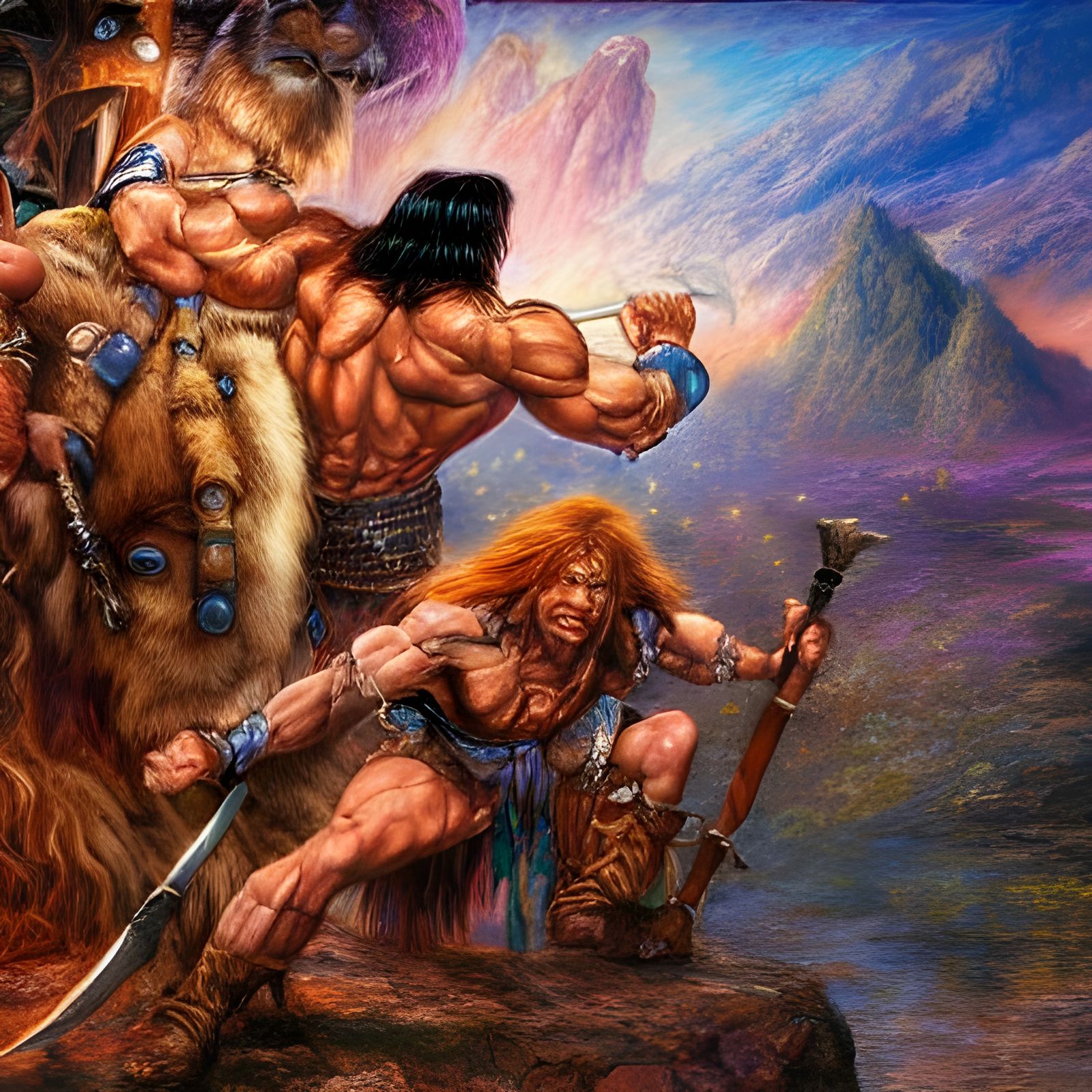 Epic Battle: Conan vs Beastmaster in Fantasy Art Style