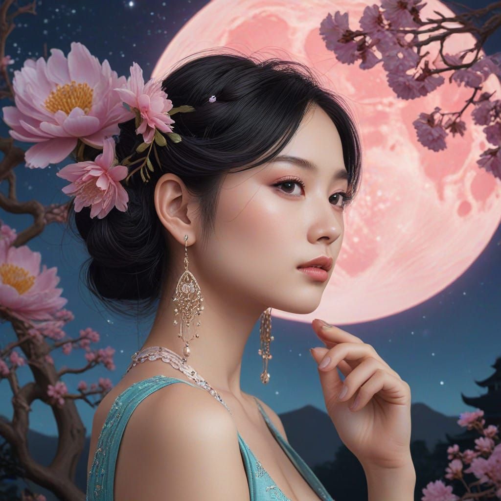 Serene Female Figure in Teal and Purple Halo, Traditional As...