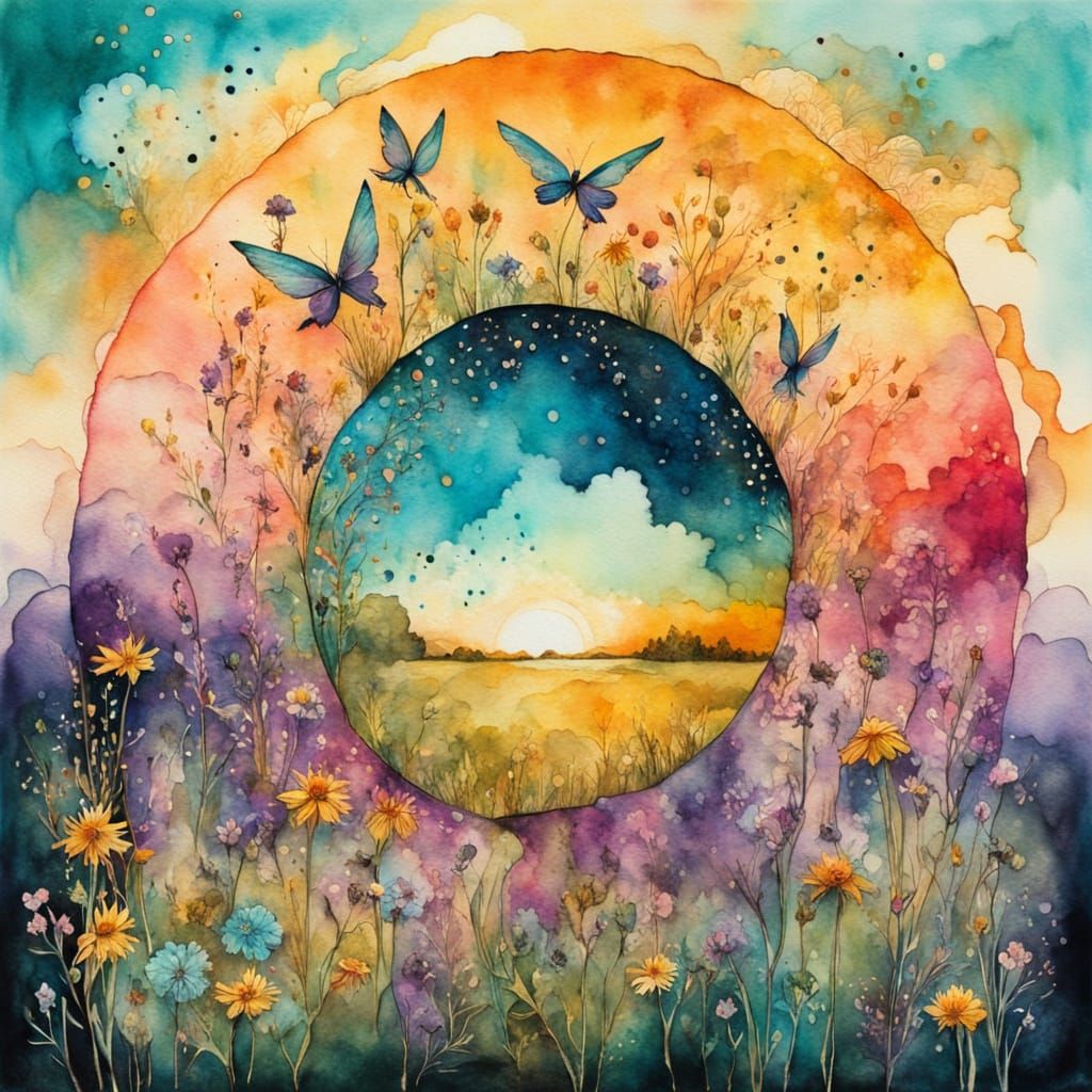 Fairies Dancing in Meadow at Dawn: Alcohol Ink Art