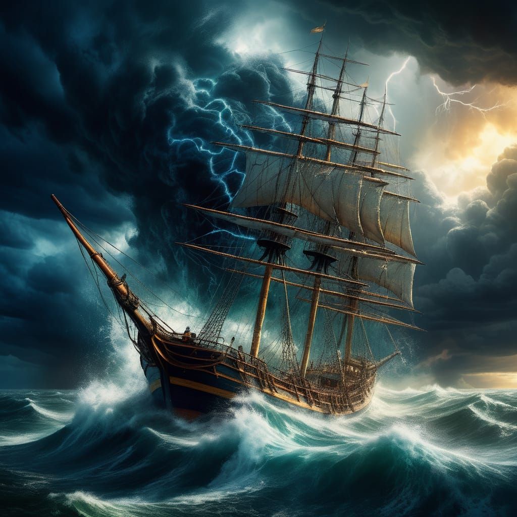 Ship Escaping Tsunami and Tornado: Ominous Oil Painting