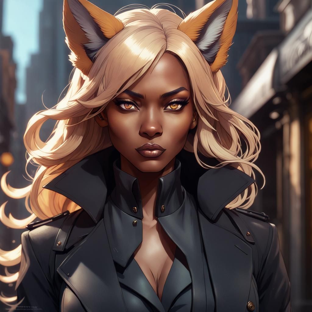 Black Female Kitsune in Suit, Detailed Portrait