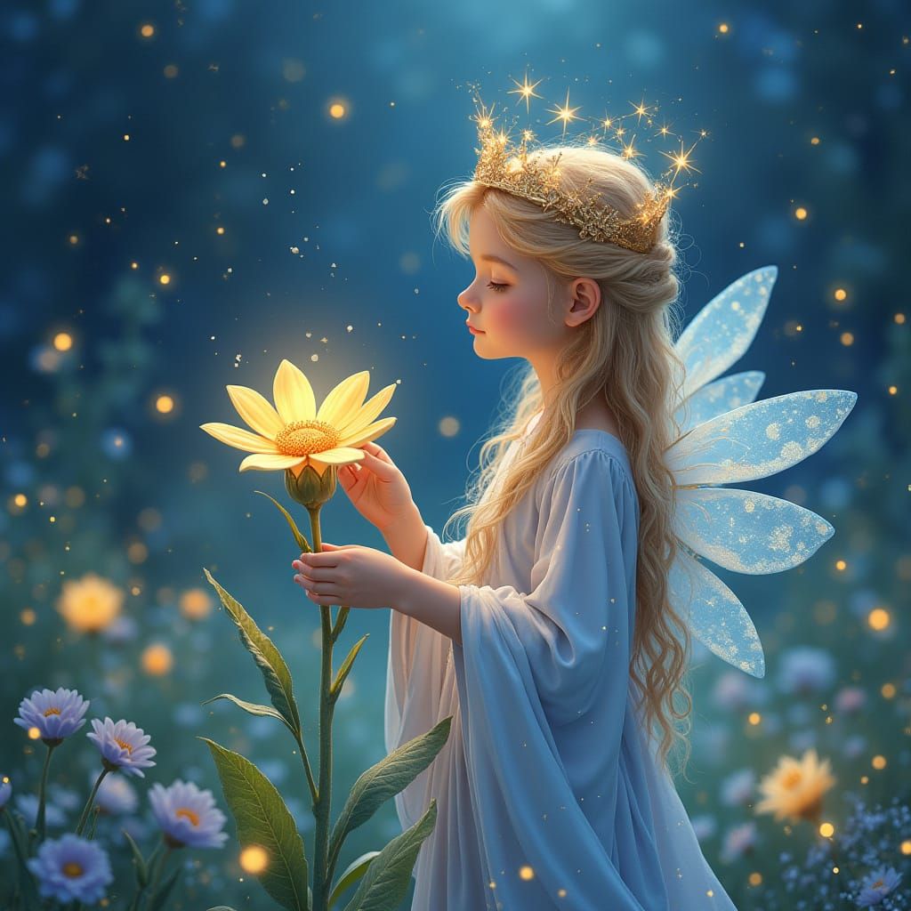 Celestial Being Touches Dewdrop on Mystical Flower